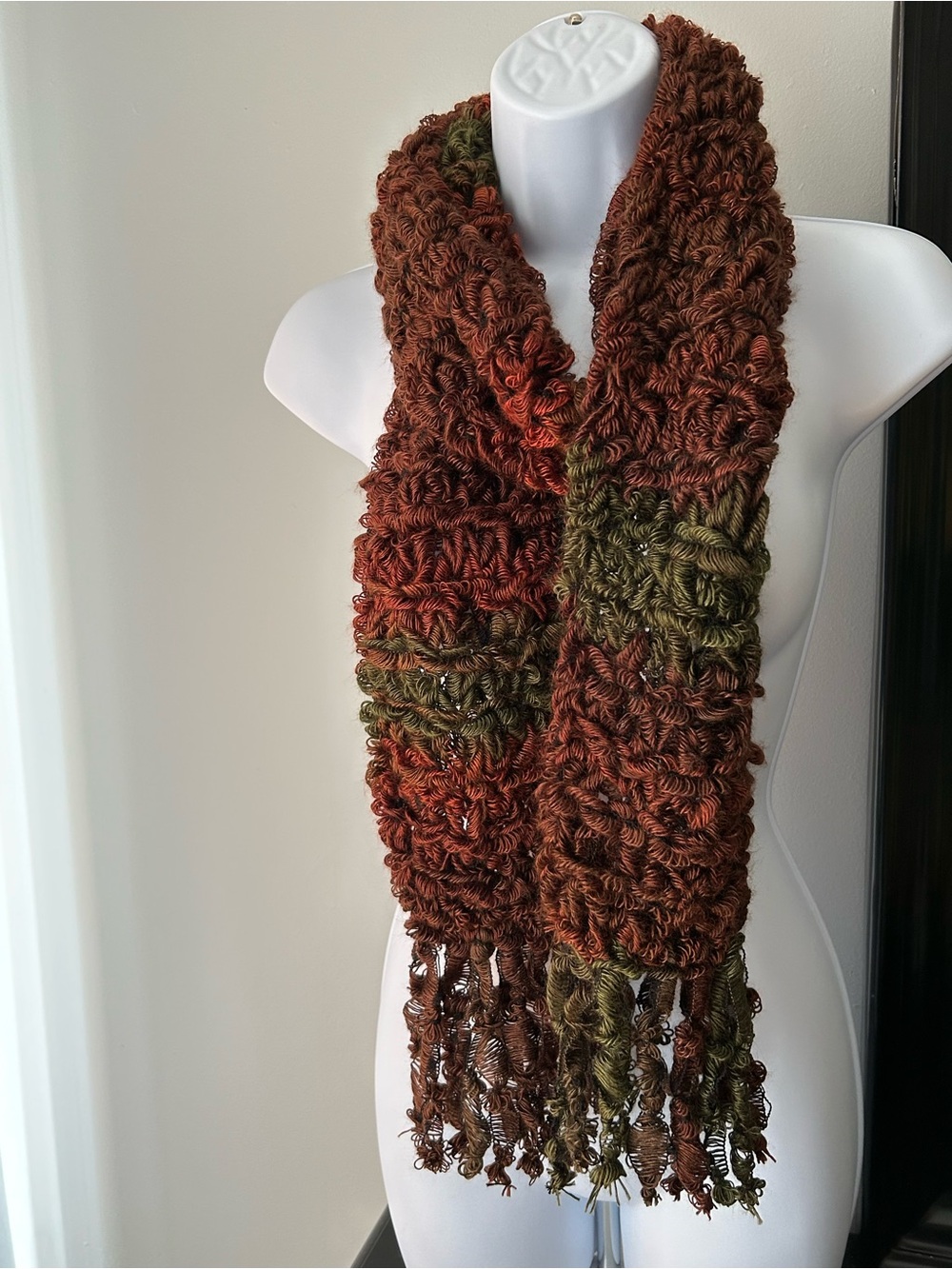 Handcrafted Brown & Olive Fringe Knit Scarf